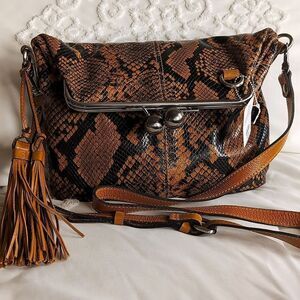 Patricia Nash Lavata Kisslock Leather Frame Crossbody Bag Autumn Python  Tassels